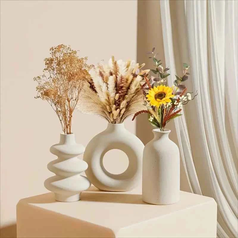 Bohemian White Ceramic Vase Set of 3 for Home Décor