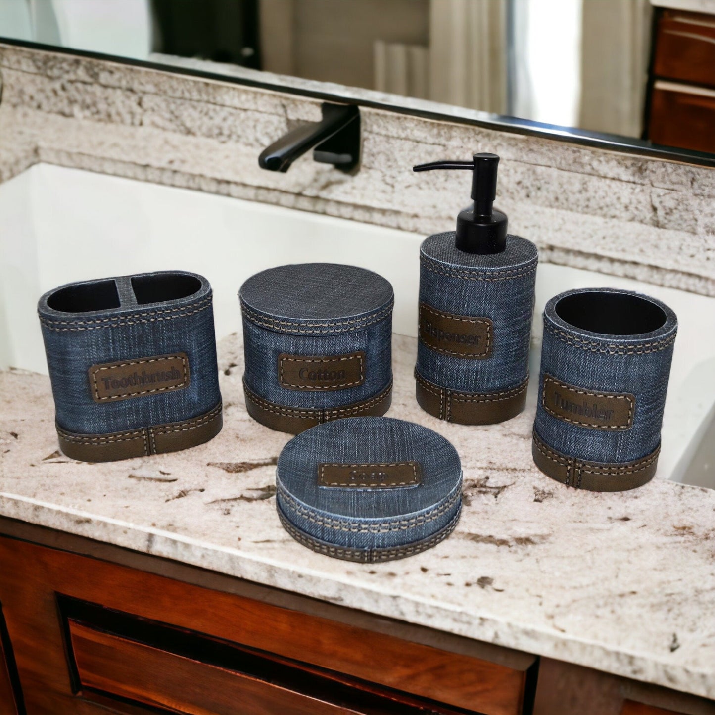 Unique Bathroom Accessory Set of Denim Finish - PoshaBella