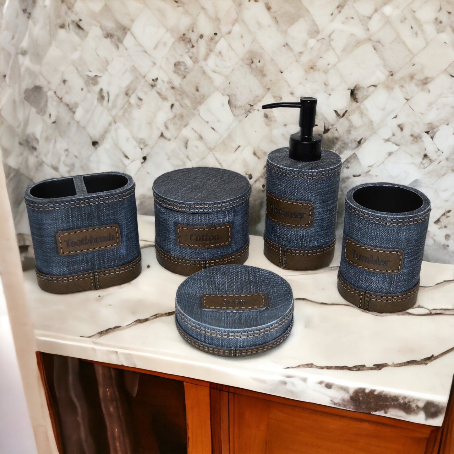 Unique Bathroom Accessory Set of Denim Finish - PoshaBella