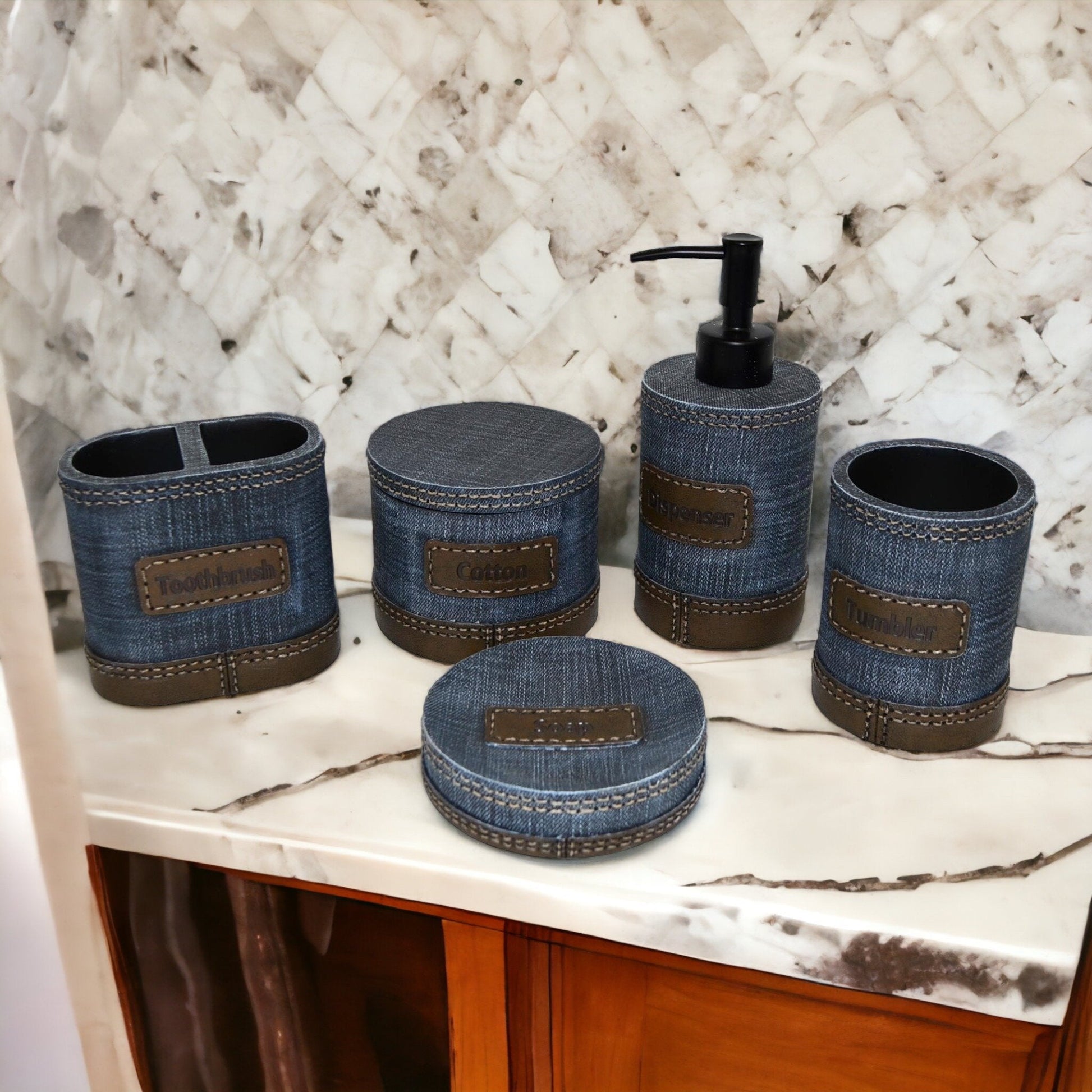 Unique Bathroom Accessory Set of Denim Finish - PoshaBella