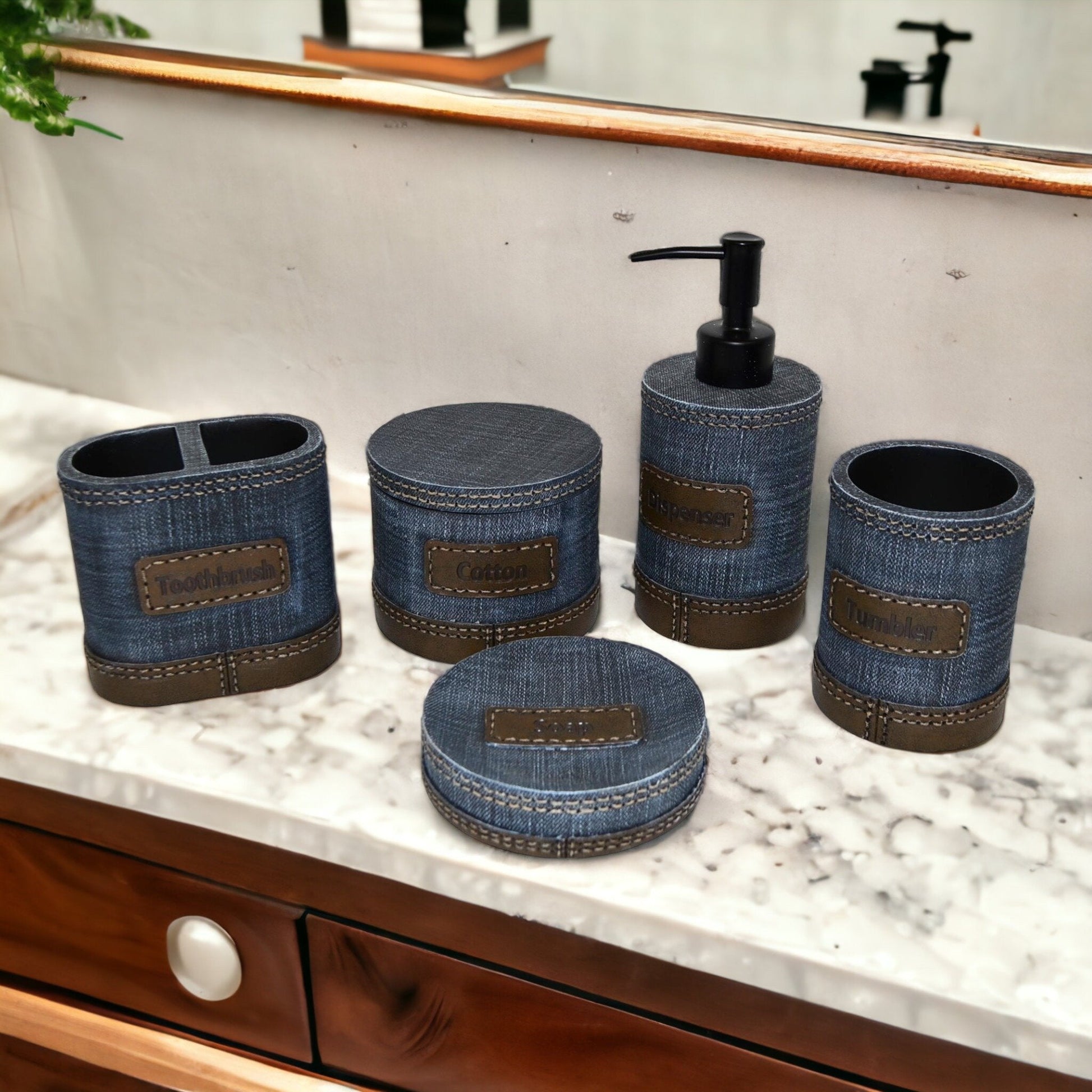 Unique Bathroom Accessory Set of Denim Finish - PoshaBella