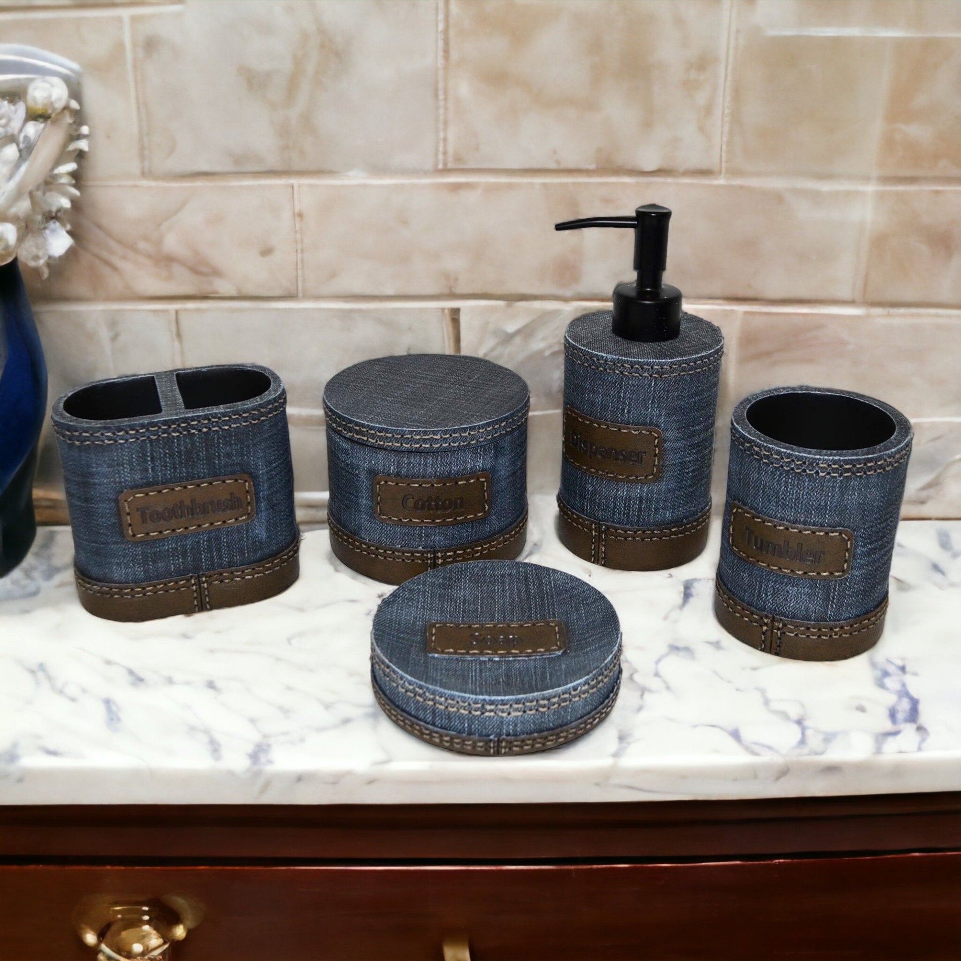 Unique Bathroom Accessory Set of Denim Finish - PoshaBella
