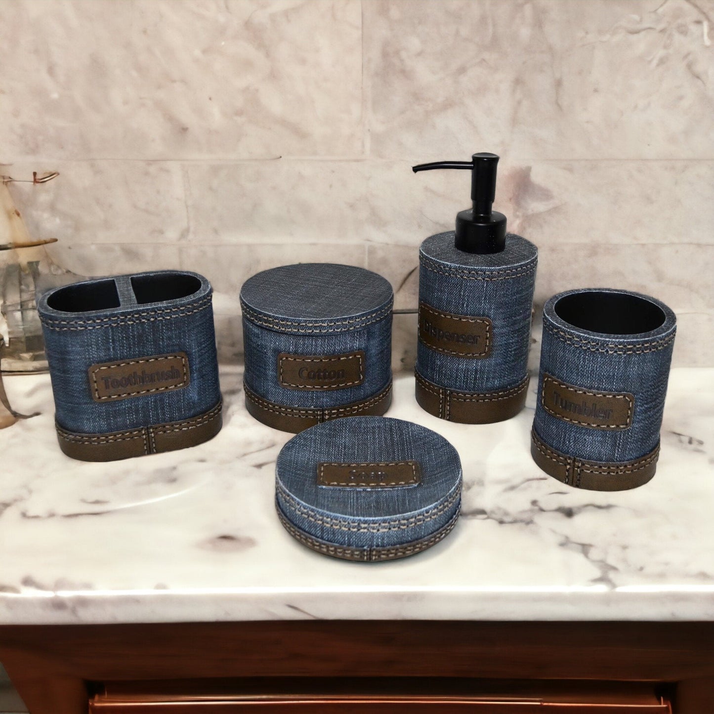 Unique Bathroom Accessory Set of Denim Finish - PoshaBella
