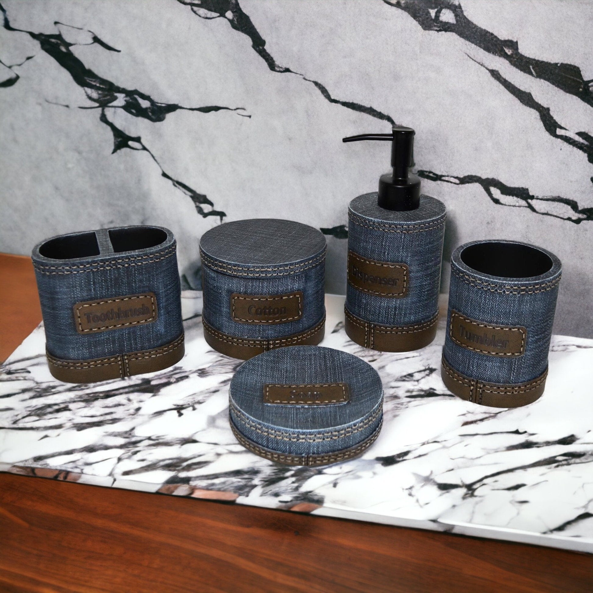 Unique Bathroom Accessory Set of Denim Finish - PoshaBella