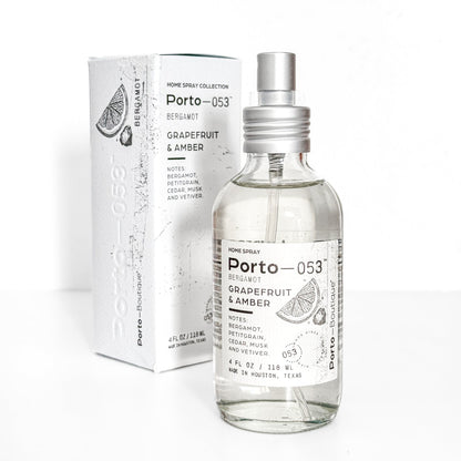 Porto-053 Room Spray – Linen & Fabric Freshener – High Fragrance Concentration – Vegan & Handmade in USA – 4 oz Clear Glass Bottle with decorative box - PoshaBella