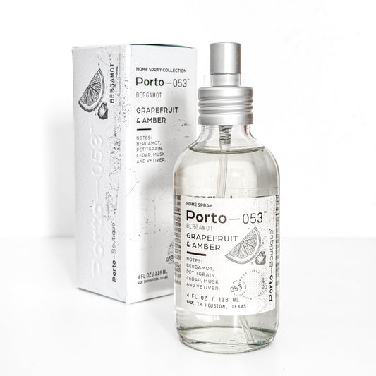 Porto-053 Room Spray – Linen & Fabric Freshener – High Fragrance Concentration – Vegan & Handmade in USA – 4 oz Clear Glass Bottle with decorative box - PoshaBella