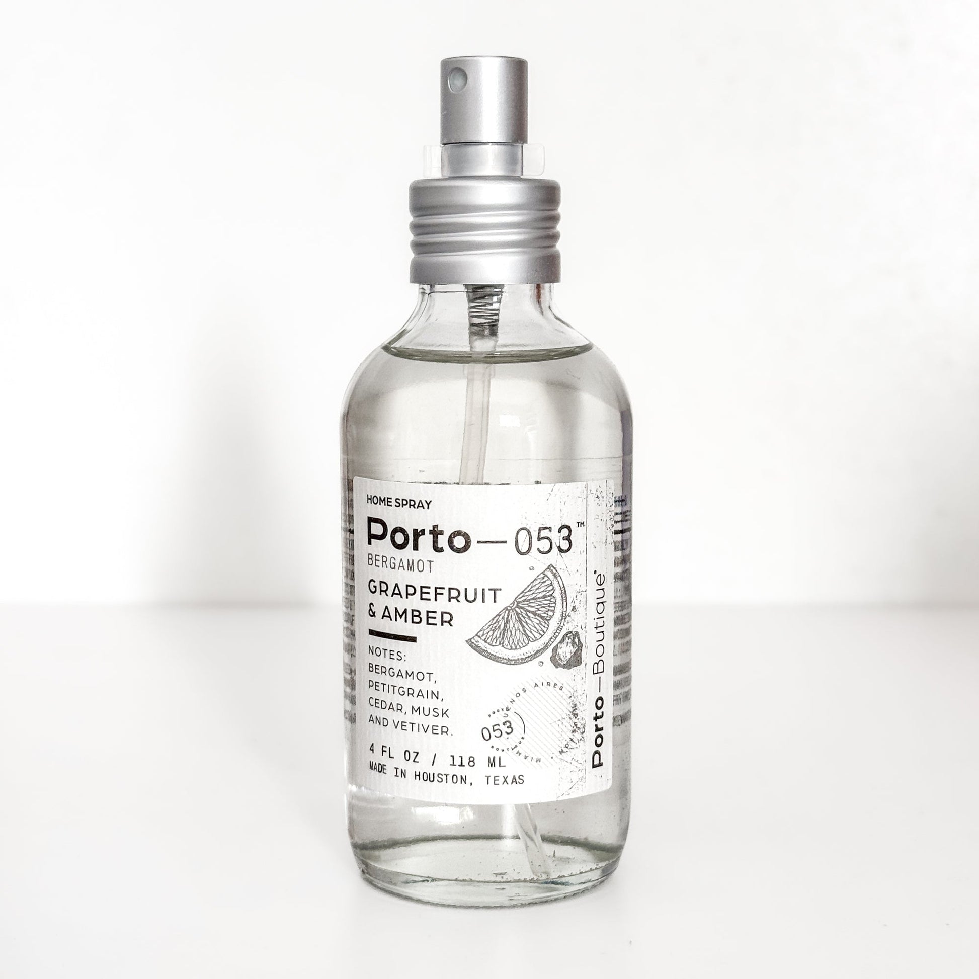 Porto-053 Room Spray – Linen & Fabric Freshener – High Fragrance Concentration – Vegan & Handmade in USA – 4 oz Clear Glass Bottle with decorative box - PoshaBella