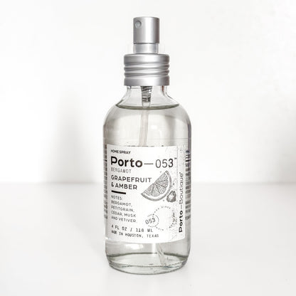 Porto-053 Room Spray – Linen & Fabric Freshener – High Fragrance Concentration – Vegan & Handmade in USA – 4 oz Clear Glass Bottle with decorative box - PoshaBella