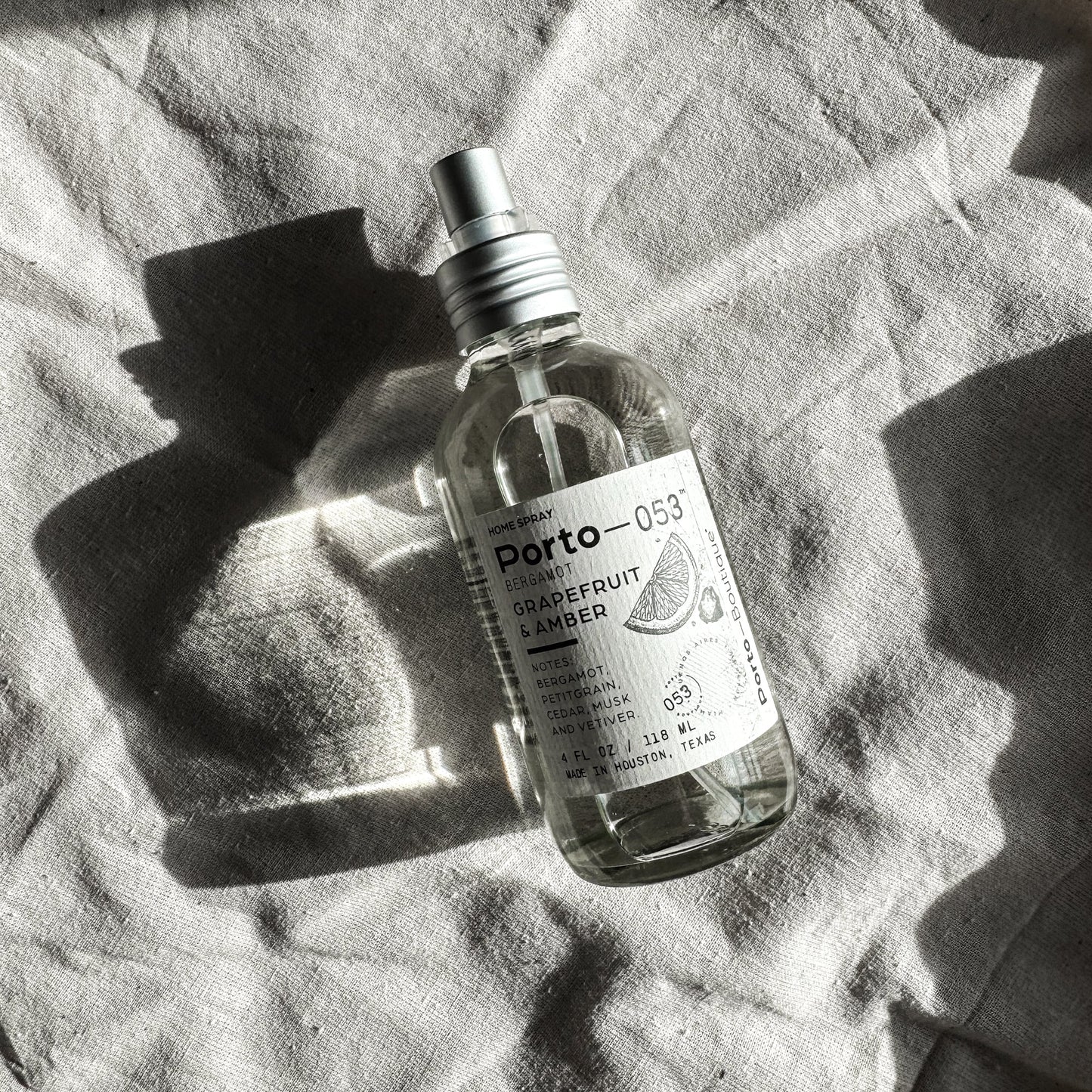 Porto-053 Room Spray – Linen & Fabric Freshener – High Fragrance Concentration – Vegan & Handmade in USA – 4 oz Clear Glass Bottle with decorative box - PoshaBella