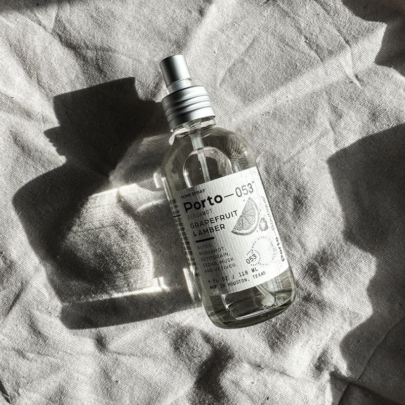 Porto-053 Room Spray – Linen & Fabric Freshener – High Fragrance Concentration – Vegan & Handmade in USA – 4 oz Clear Glass Bottle with decorative box
