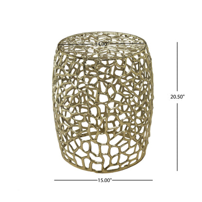 Aluminum Drum End Table with Intricate Design in Gold