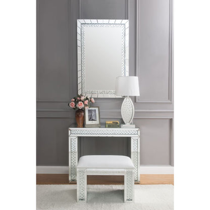 Nysa - Vanity Stool - Ivory Synthetic Leather , Mirrored & Faux Crystals