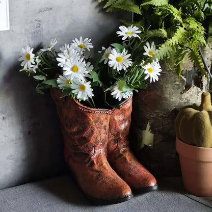 1pc American Country Creative Western Cowboy Boot Resin Flower Pot Ornament Vase for Balcony Garden Decoration