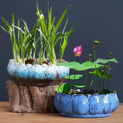 1pc Casual Style Ceramic Flower Pot, Round Tabletop Hydroponic Planter, for Bulbs, Succulents, and Lotus, Indoor and Outdoor Decorative Pot with No Drainage Hole
