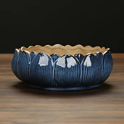 1pc Casual Style Ceramic Flower Pot, Round Tabletop Hydroponic Planter, for Bulbs, Succulents, and Lotus, Indoor and Outdoor Decorative Pot with No Drainage Hole