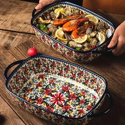 1pc Polish Ceramic Rectangular Baking Dish with Handles, Hand-Painted Embossed Floral Design, Versatile Salad/Rice/Cheese Plate for Home Kitchen