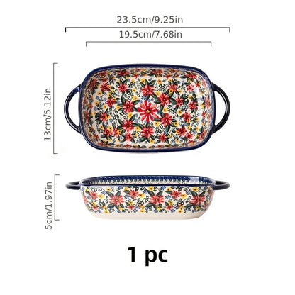 1pc Polish Ceramic Rectangular Baking Dish with Handles, Hand-Painted Embossed Floral Design, Versatile Salad/Rice/Cheese Plate for Home Kitchen