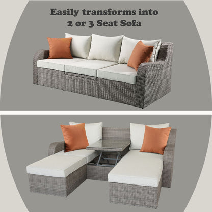 Salena - Patio Sofa With 2 Pillows & 2 Ottomans - Beige Fabric & Gray Wicker
