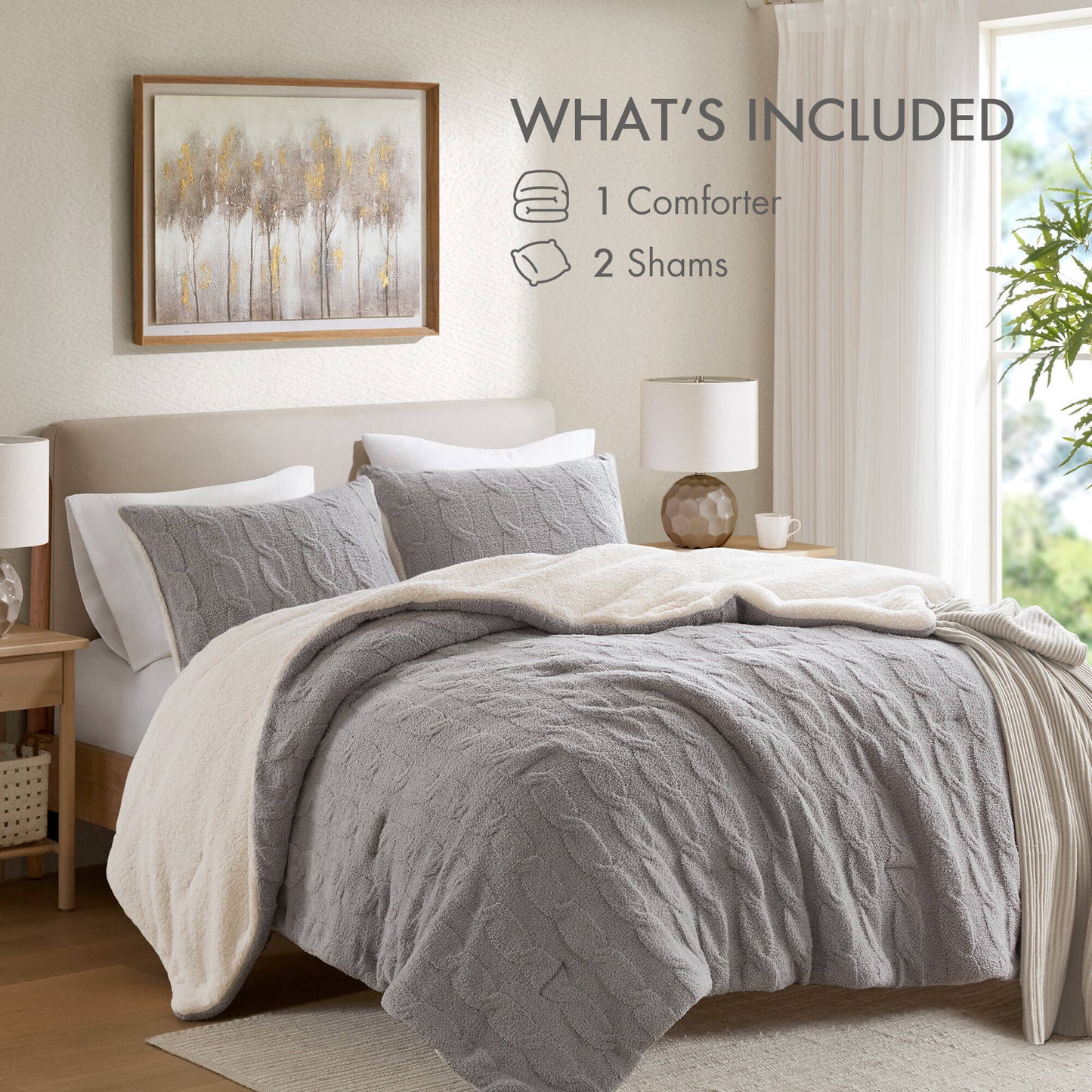 3 Pieces Full/Queen Cable Knit Chenille Comforter Set Gray