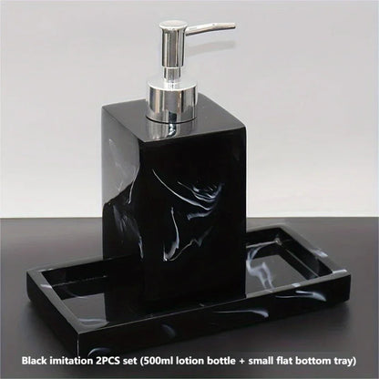 2pcs Bathroom Accessory Set, Marble Look, 500ml Soap Dispenser With Matching Tray, Elegant Countertop Decor