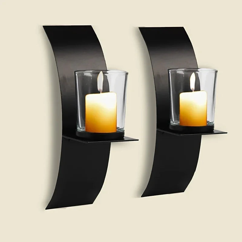 2pcs, Wall Sconce Candle Holder, 3D Curved Wall Candle Holder, Black Iron Candle Holder, Wall Hanging Candle Tray, Template Room Wall Decoration, Home Wedding Decoration
