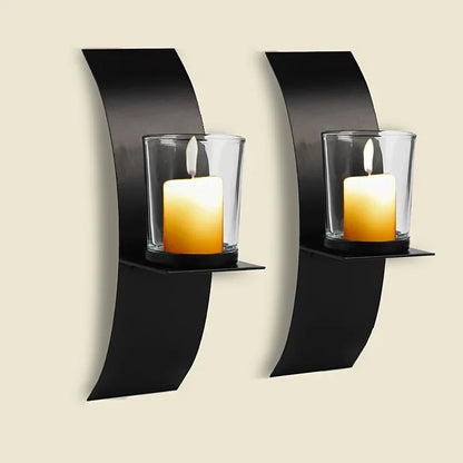 2pcs, Wall Sconce Candle Holder, 3D Curved Wall Candle Holder, Black Iron Candle Holder, Wall Hanging Candle Tray, Template Room Wall Decoration, Home Wedding Decoration