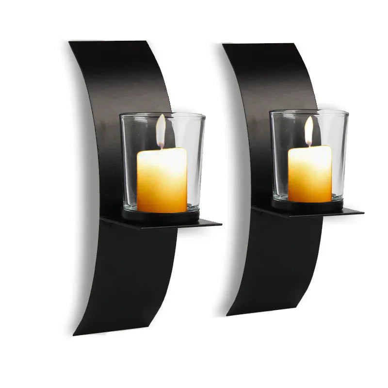 2pcs, Wall Sconce Candle Holder, 3D Curved Wall Candle Holder, Black Iron Candle Holder, Wall Hanging Candle Tray, Template Room Wall Decoration, Home Wedding Decoration