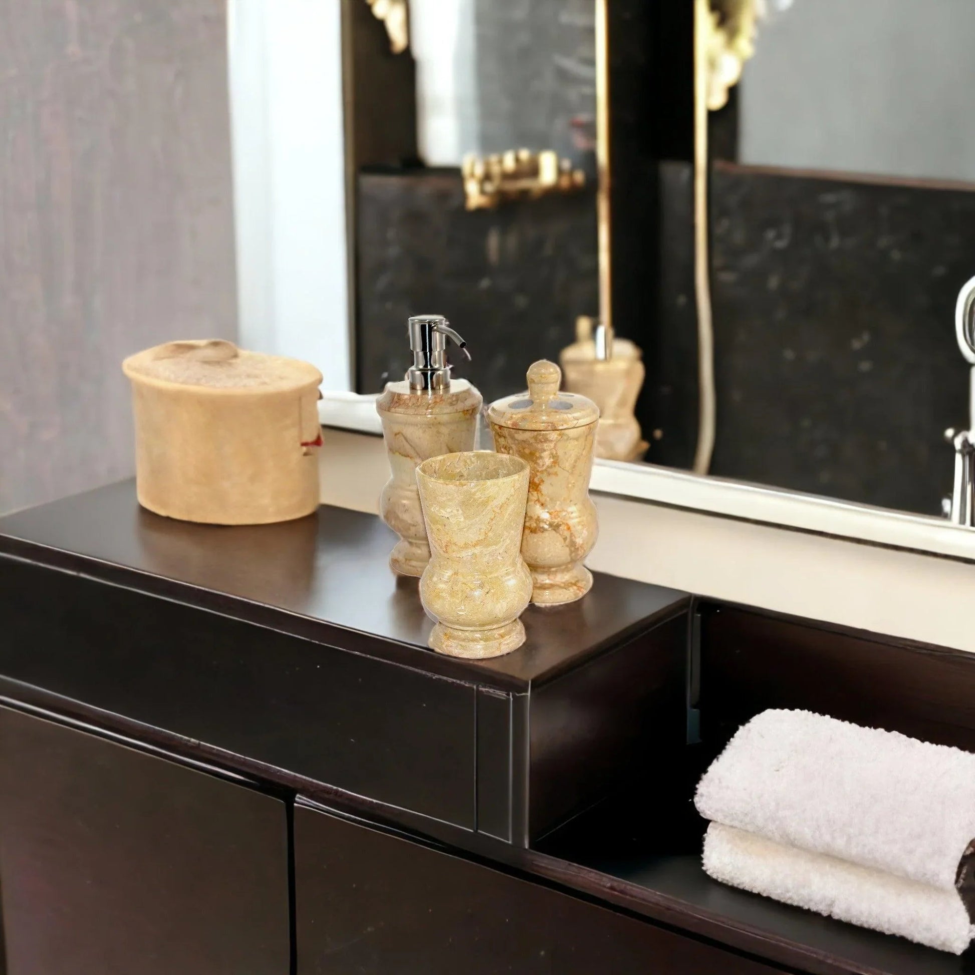 3-Piece Bath Set of Sahara Beige Marble - PoshaBella