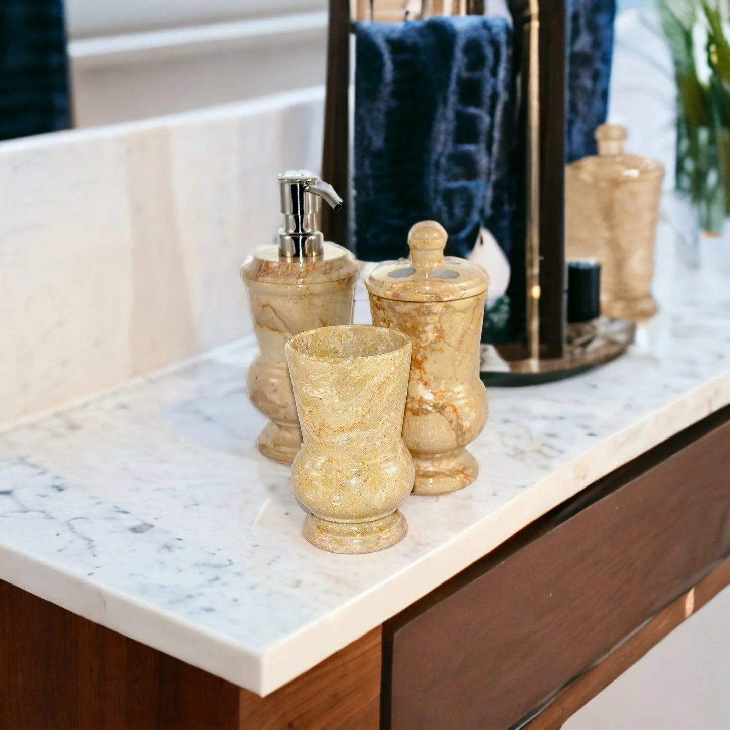 3-Piece Bath Set of Sahara Beige Marble - PoshaBella