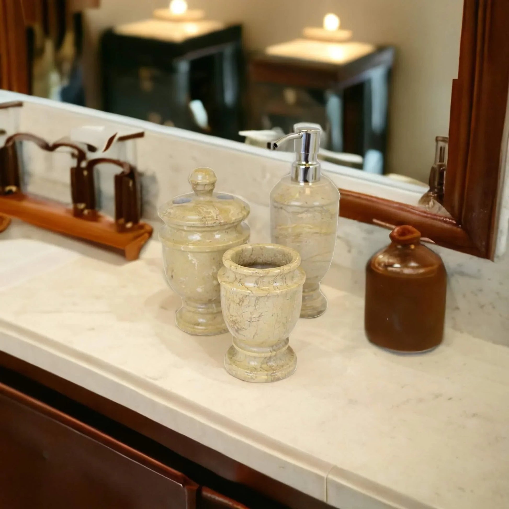 3 Piece Bathroom Accessory Set- Elegant Bathroom set in Sahara Beige Marble - PoshaBella
