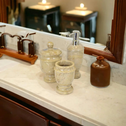 3 Piece Bathroom Accessory Set- Elegant Bathroom set in Sahara Beige Marble - PoshaBella