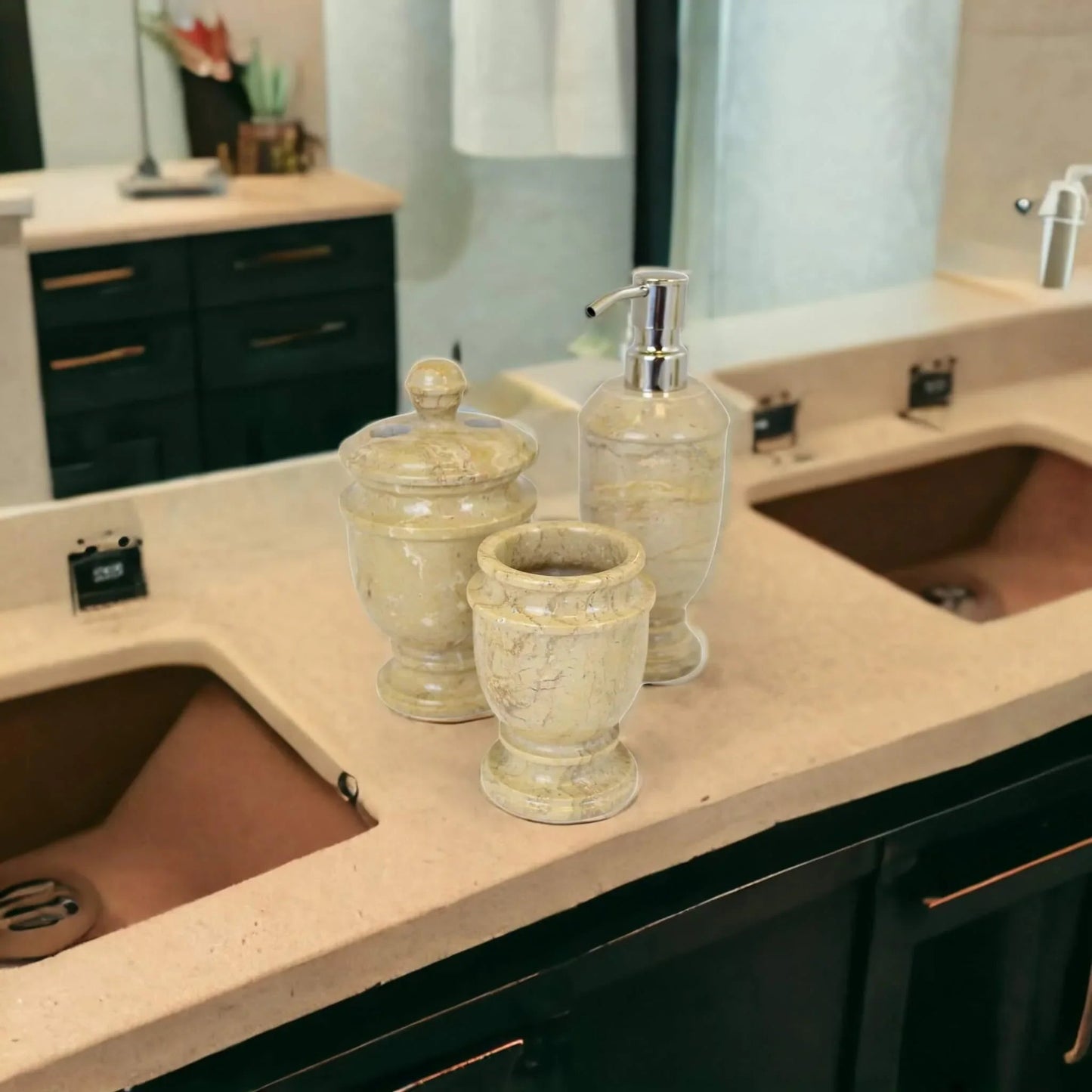 3 Piece Bathroom Accessory Set- Elegant Bathroom set in Sahara Beige Marble - PoshaBella