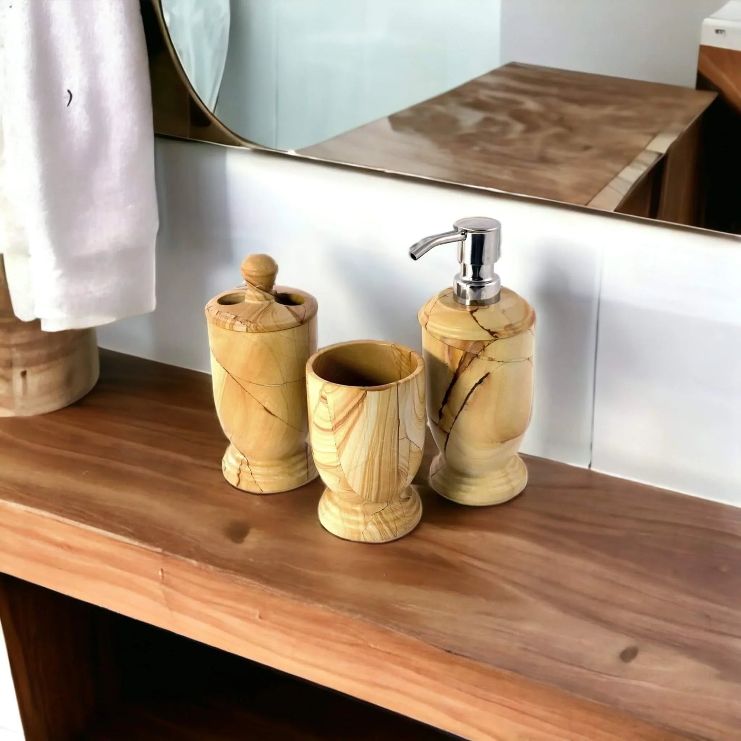 3-Piece Bathroom Accessory Set - Teak Marble - PoshaBella