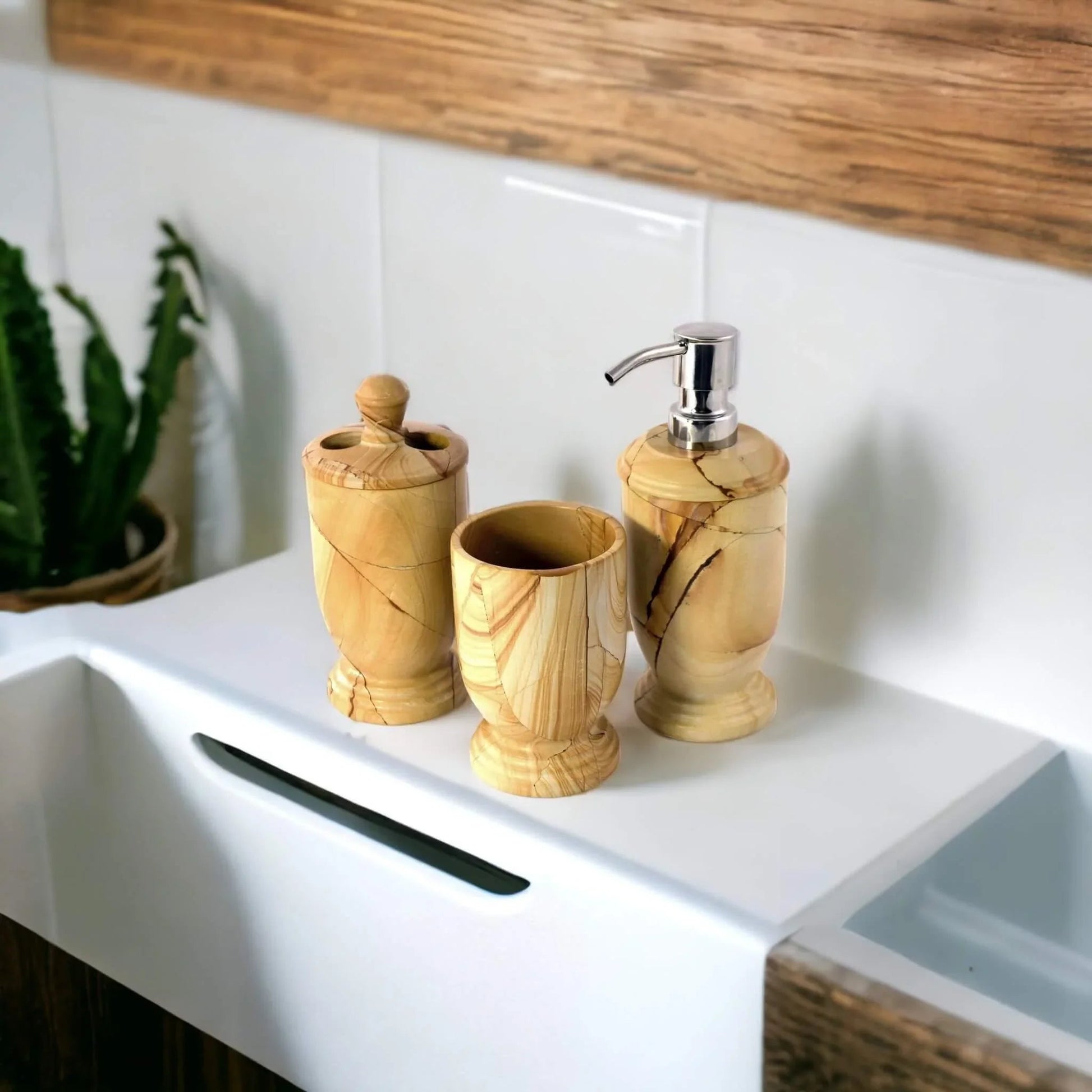 3-Piece Bathroom Accessory Set - Teak Marble - PoshaBella