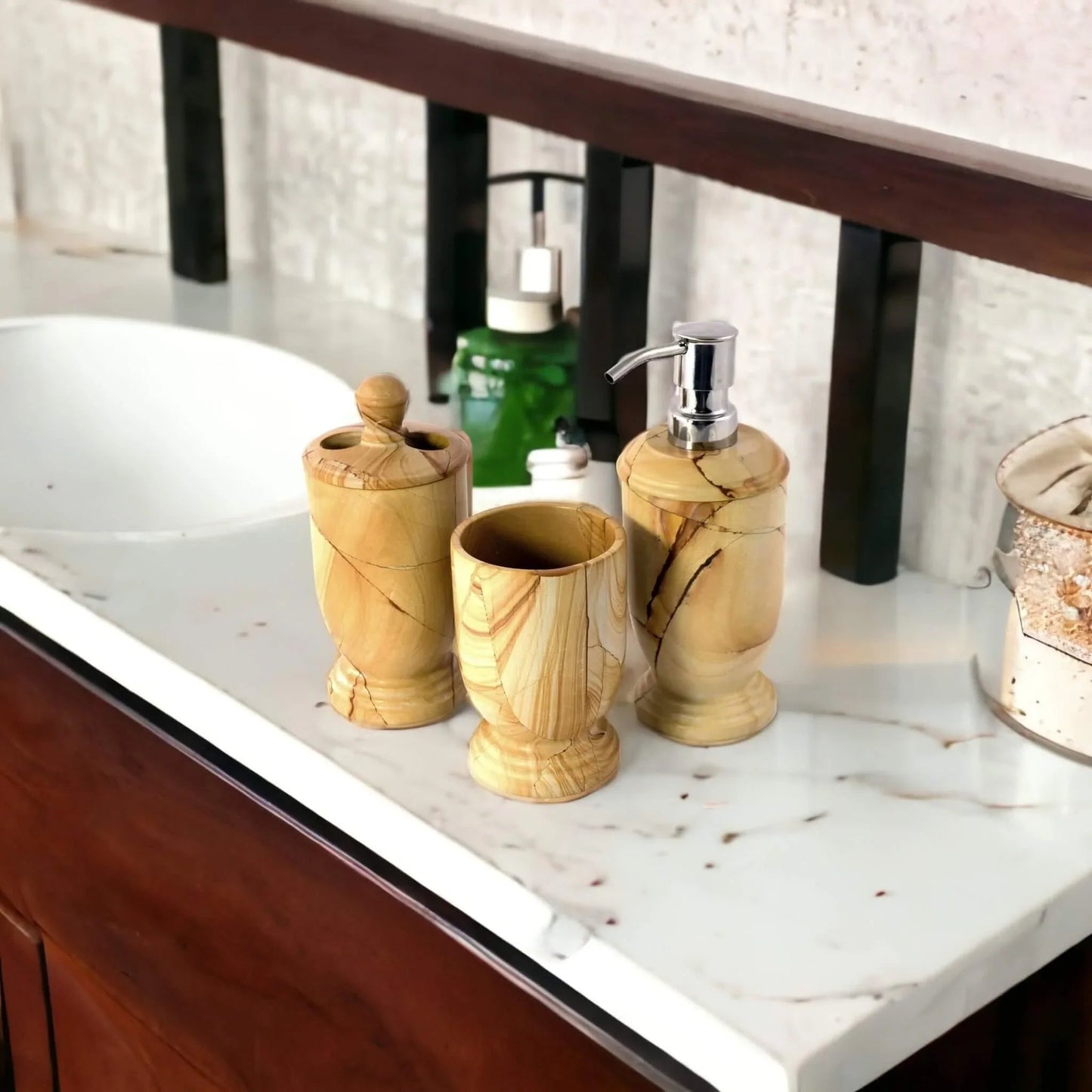 3-Piece Bathroom Accessory Set - Teak Marble - PoshaBella