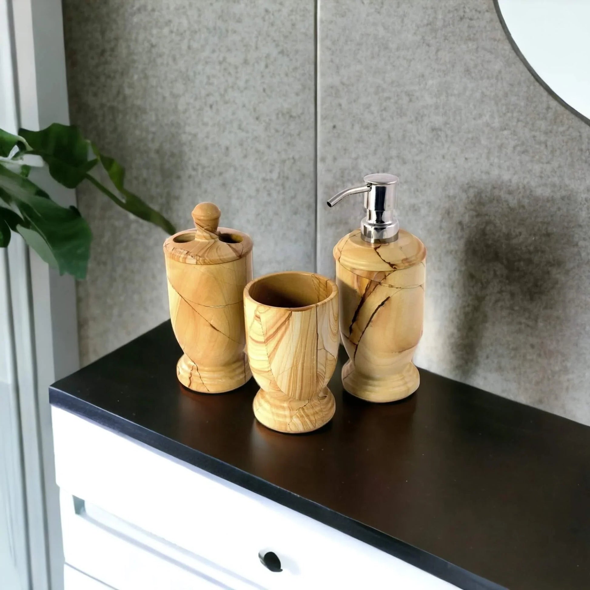3-Piece Bathroom Accessory Set - Teak Marble - PoshaBella