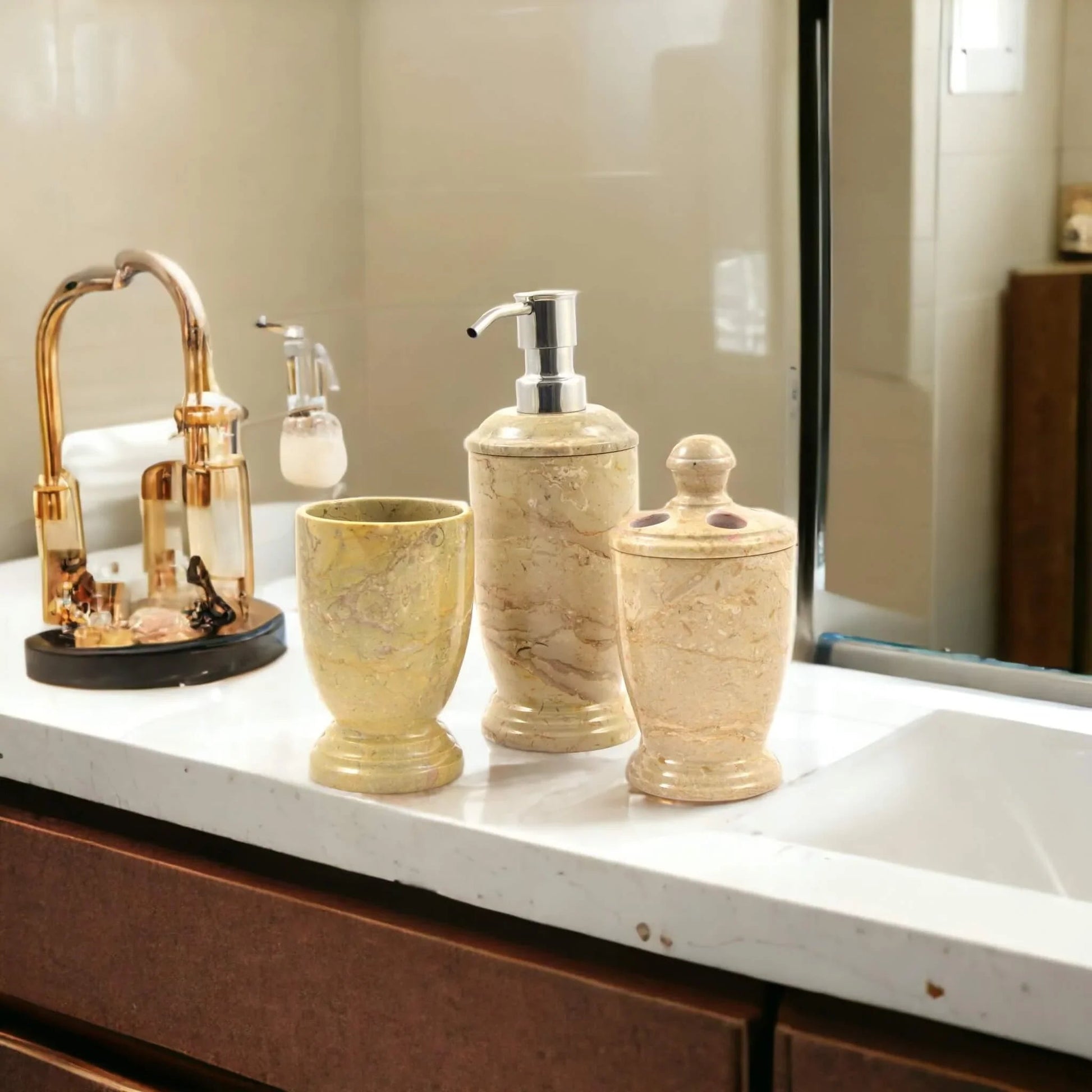 3 Piece Bathroom Set - Sahara Beige Marble - PoshaBella