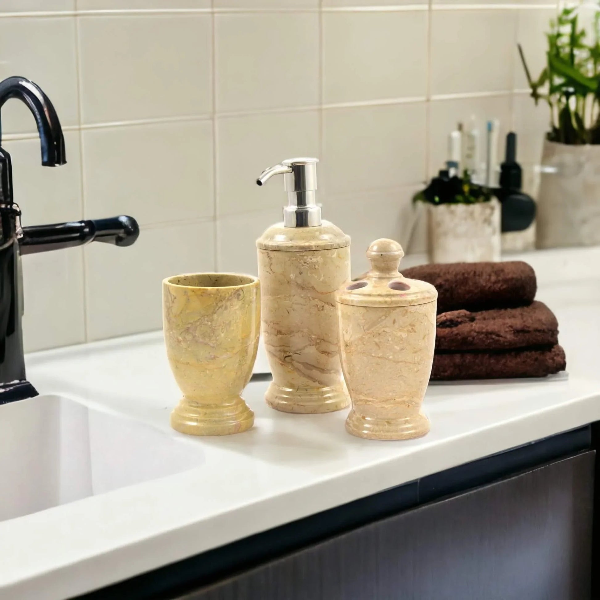 3 Piece Bathroom Set - Sahara Beige Marble - PoshaBella