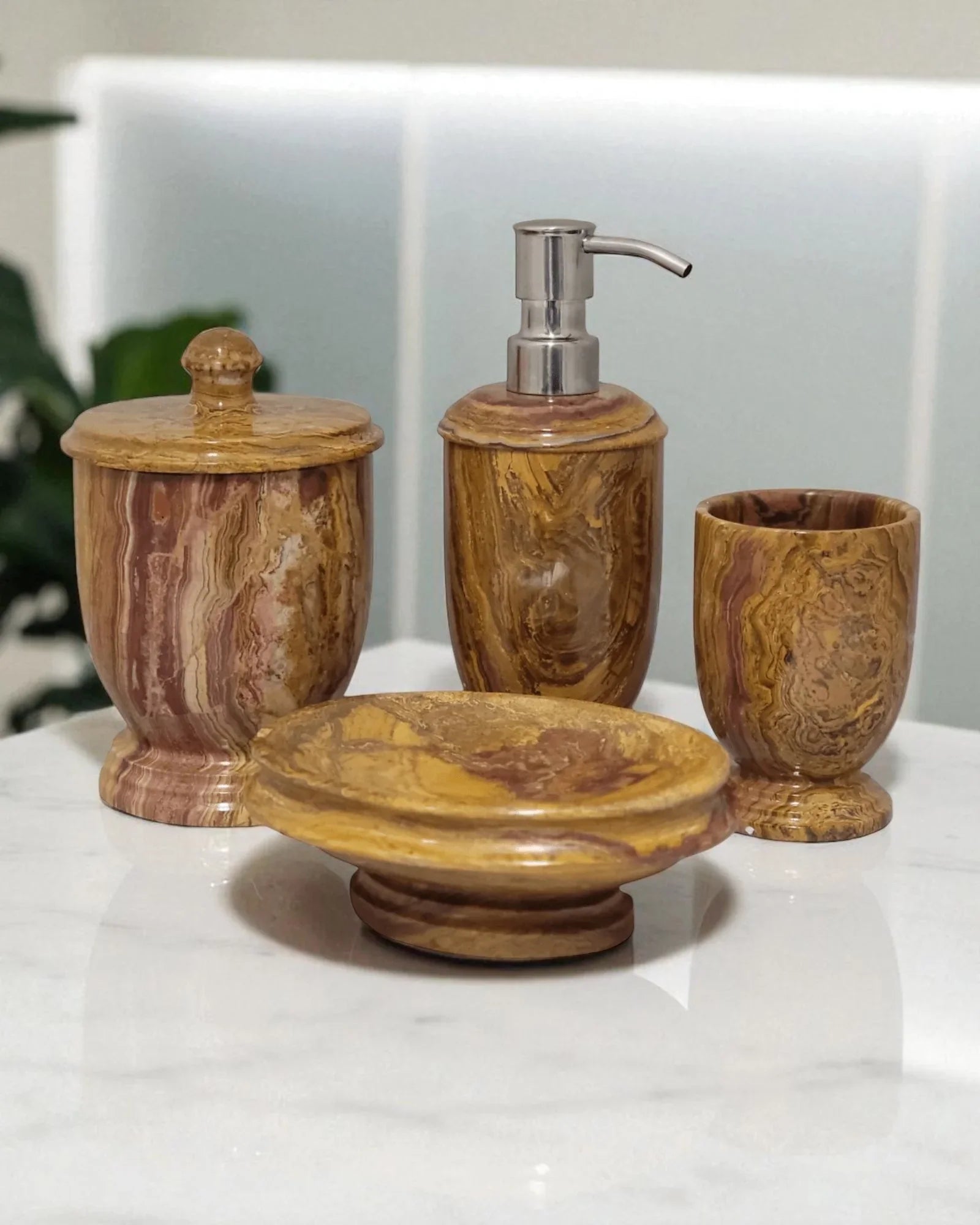 Multi Brown Onyx 4 Piece Bathroom Accessory Set - PoshaBella