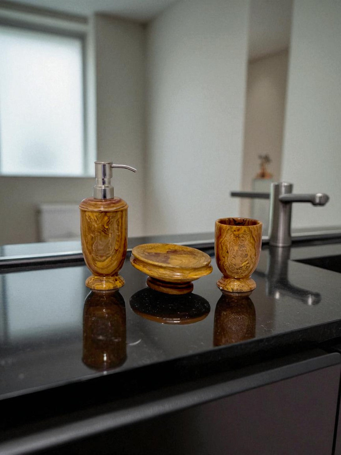 Multi Brown Onyx 3-Piece Bathroom Accessory Set - PoshaBella