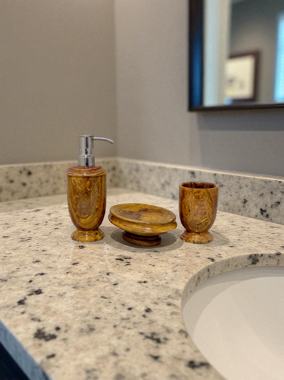 Multi Brown Onyx 3-Piece Bathroom Accessory Set - PoshaBella