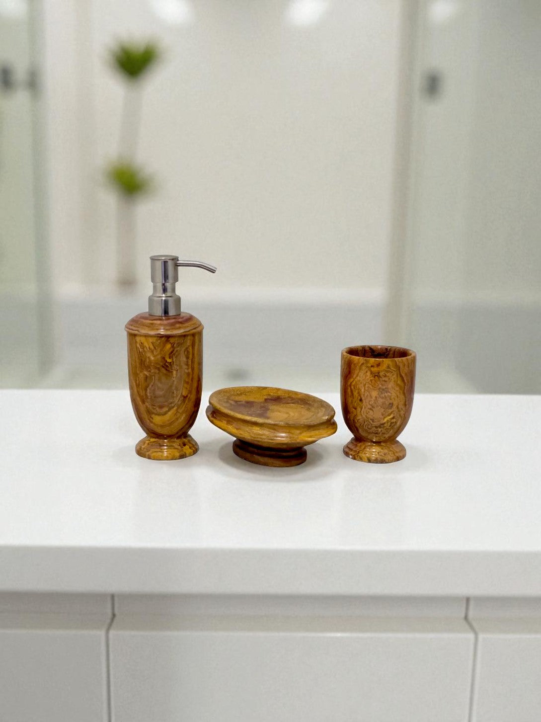 Multi Brown Onyx 3-Piece Bathroom Accessory Set - PoshaBella