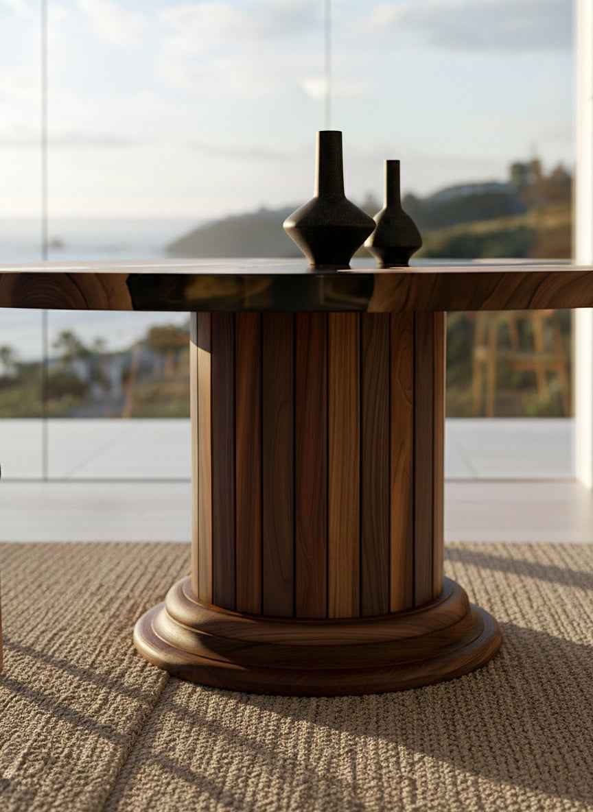 Round Dining Table with Solid Wood Drum Pedestal Base