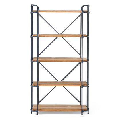 Yorktown Industrial 5 Shelf Bookcase with Metal Pipework and Solid Fir - Natural