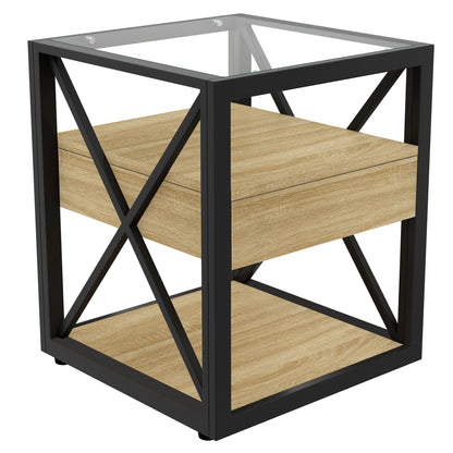 1 Piece Modern End Table with Drawer - Natural Wood & Tempered Glass