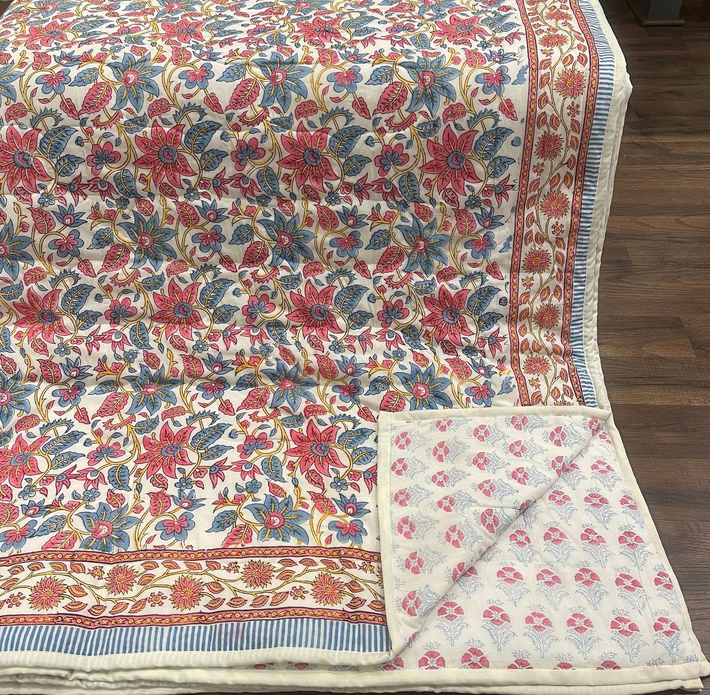 Cream & Rose Pink Dusty Blue Floral Jaipur Indian Hand Block Print Quilted Comforter