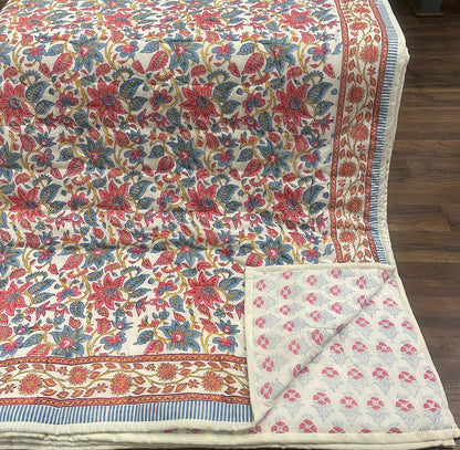 Cream & Rose Pink Dusty Blue Floral Jaipur Indian Hand Block Print Quilted Comforter