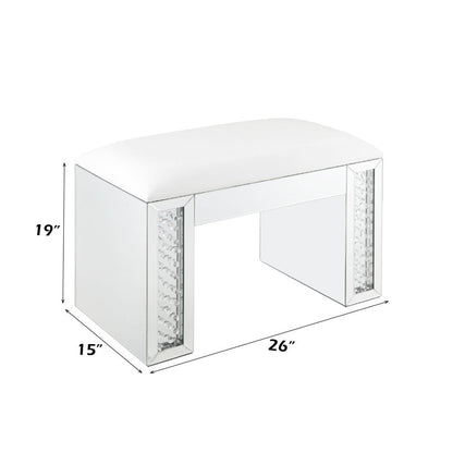 Nysa - Vanity Stool - Ivory Synthetic Leather , Mirrored & Faux Crystals