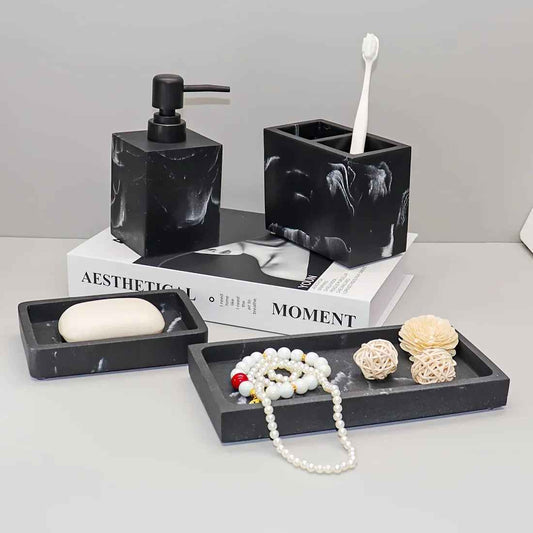 4pcs Bathroom Set: Soap Dispenser, Toothbrush Holder, Soap Dish, Storage Tray – Black Design, Suitable for All Bath Styles to Create a Cozy Home Decor Experience Year-Round
