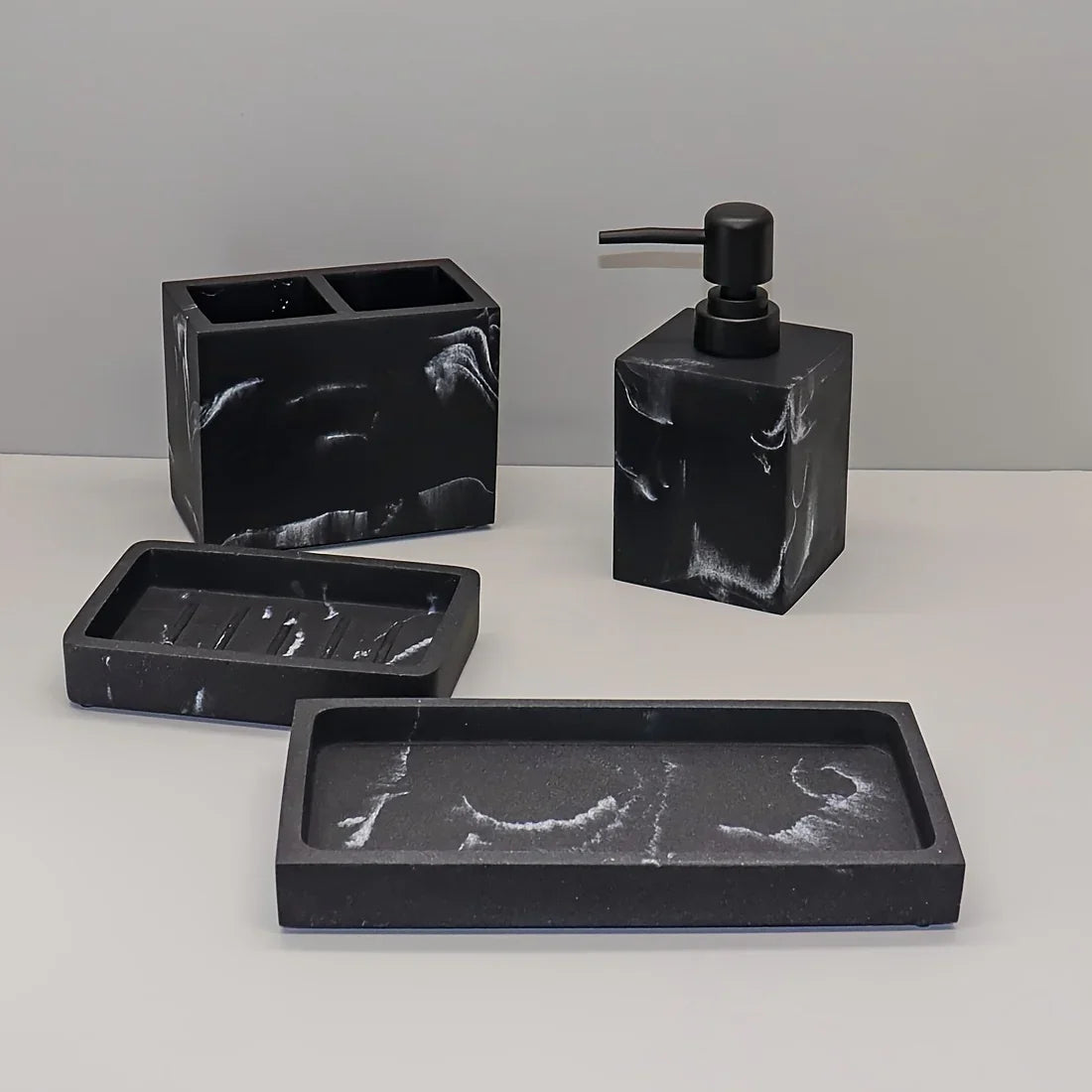 4pcs Bathroom Set: Soap Dispenser, Toothbrush Holder, Soap Dish, Storage Tray – Black Design, Suitable for All Bath Styles to Create a Cozy Home Decor Experience Year-Round